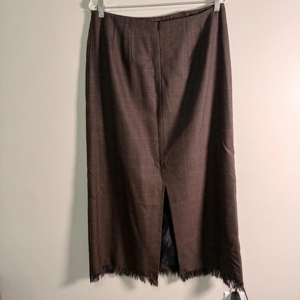 Harve Benard Sport Vintage Brown Glen Plaid 100% Wool Fringe Midi Skirt Size 14